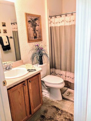 Secadora de cabello, toallas, jabón, papel de baño 