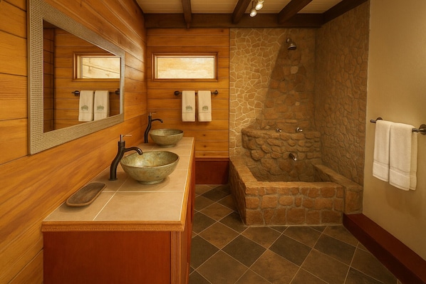 A bathroom with wooden walls, a stone shower, and a large basin. - Crystals Villa Hotel (Soufriere)