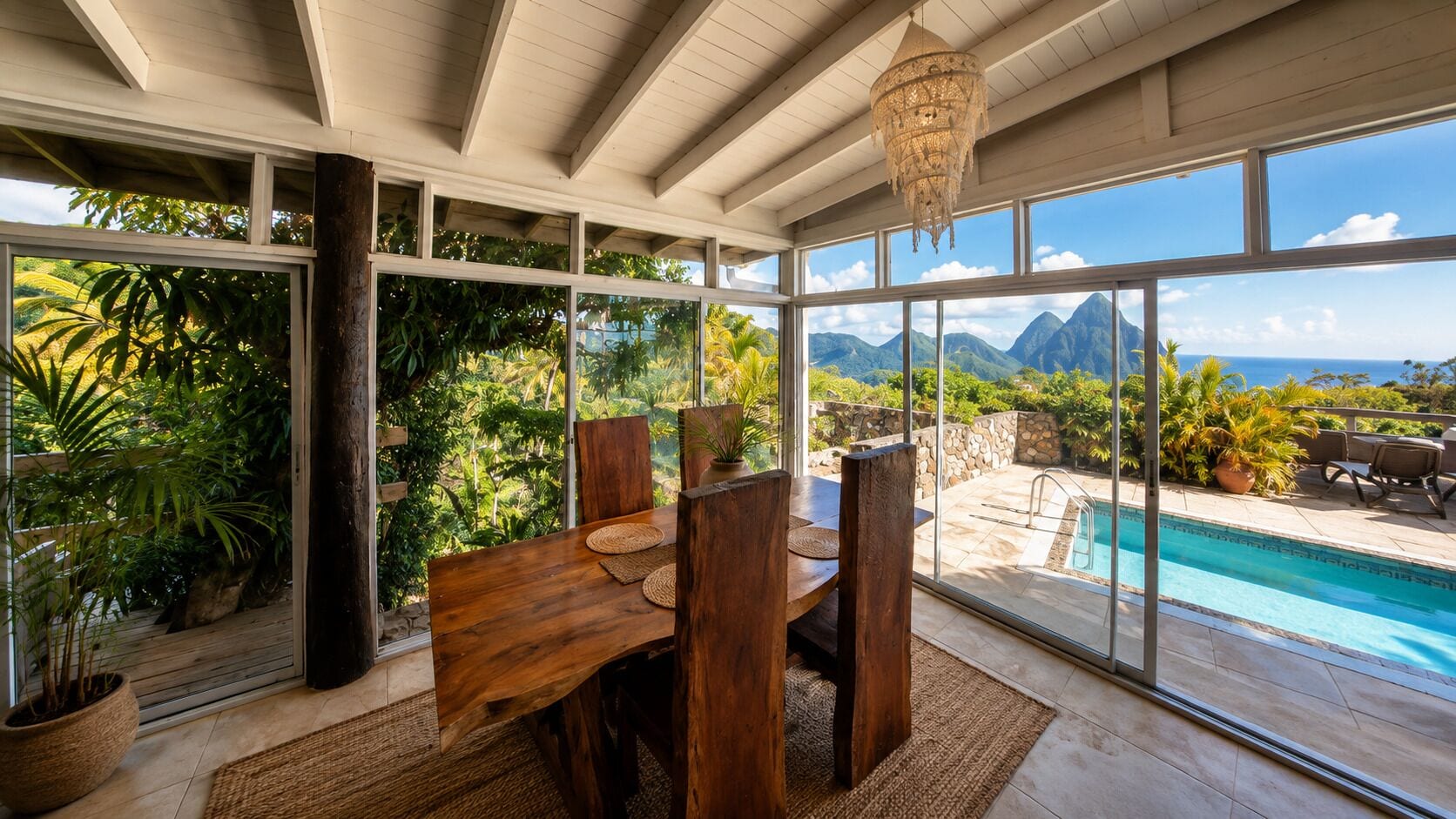 A dining area with a wooden table and chairs, large windows, and a view of a swimming pool and mountains.