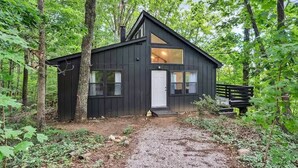 A black cabin with a large window and a white door, surrounded by trees.