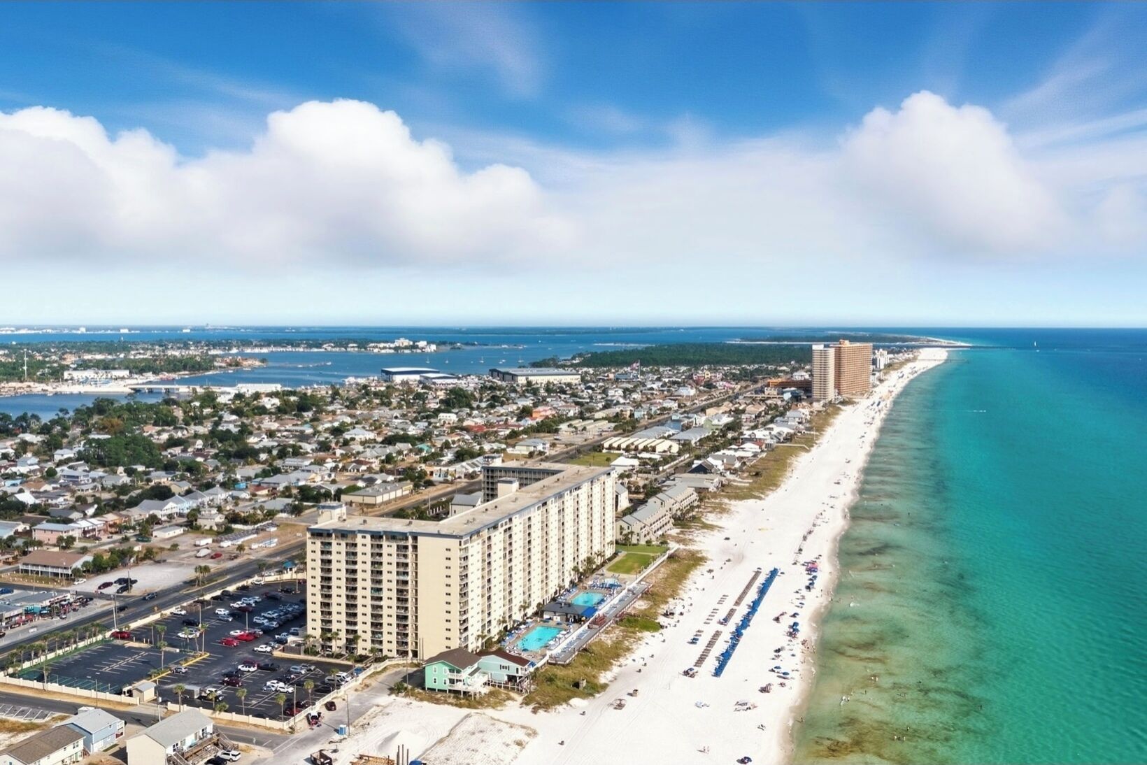 On the beach, sun loungers, beach towels
