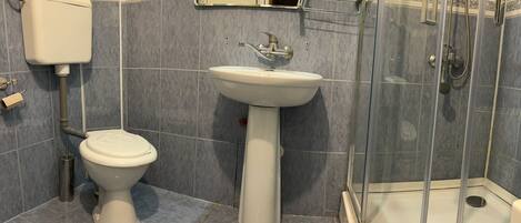A bathroom with a toilet, sink, and shower.