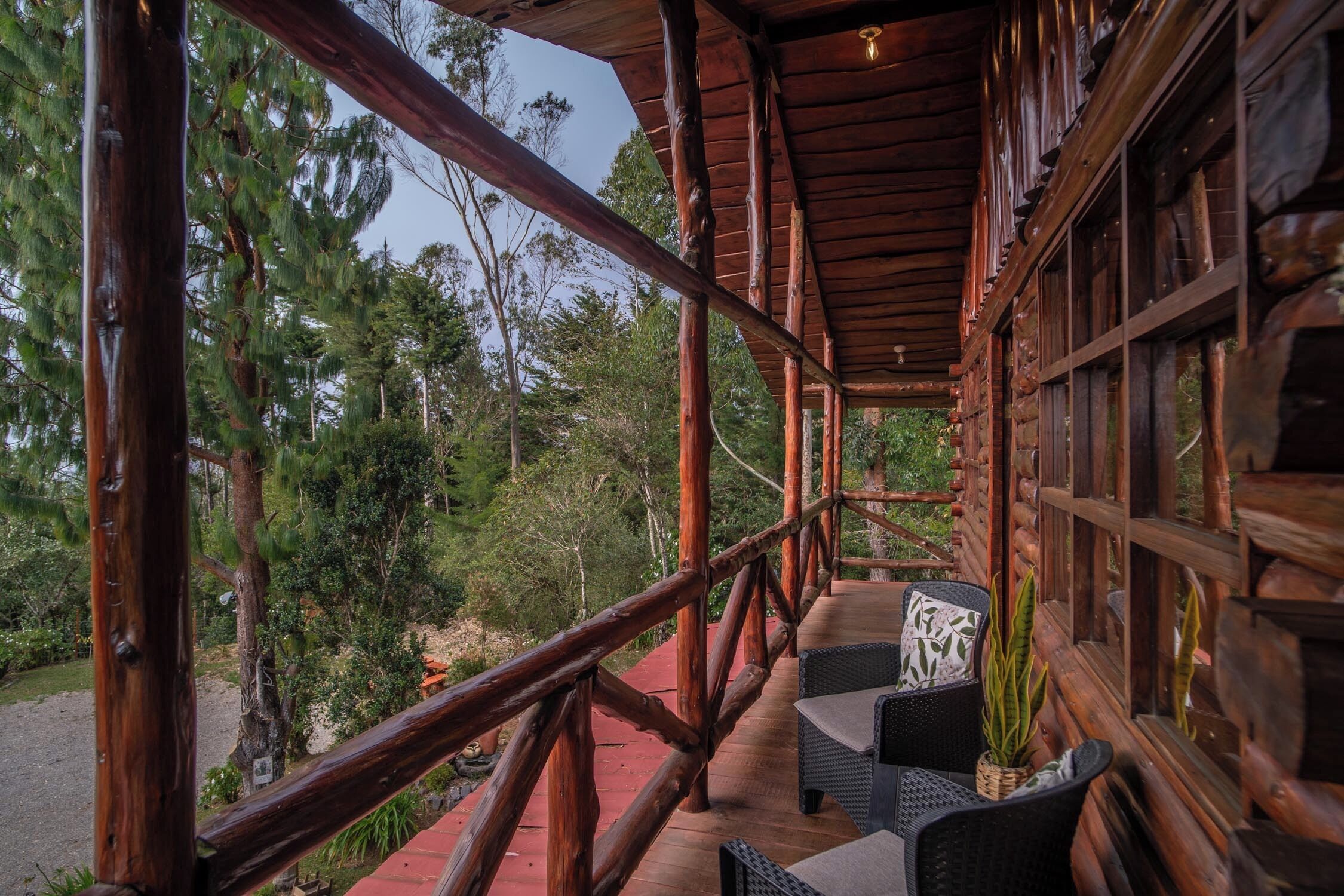 A wooden deck with wicker furniture and a view of the surrounding forest.