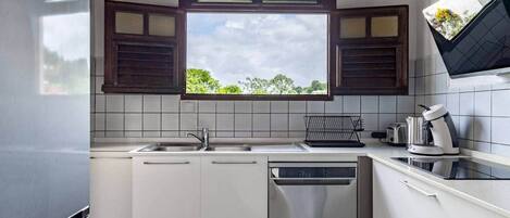 Fridge, microwave, oven, cookware/dishes/utensils