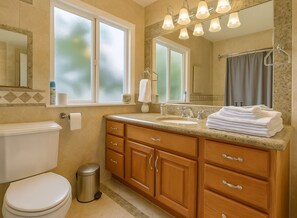 A bathroom with a toilet, sink, vanity, and a mirror. - The Burke House Collection by Stay Rested  (Seattle)