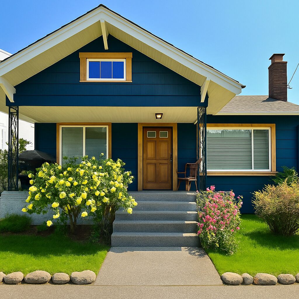 A two-story house with a front porch, a wooden door, and a window with shutters.