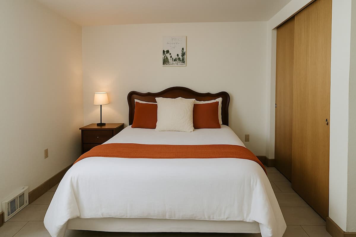 A neatly made bed with a white and orange bedspread, a wooden headboard, and a nightstand with a lamp.