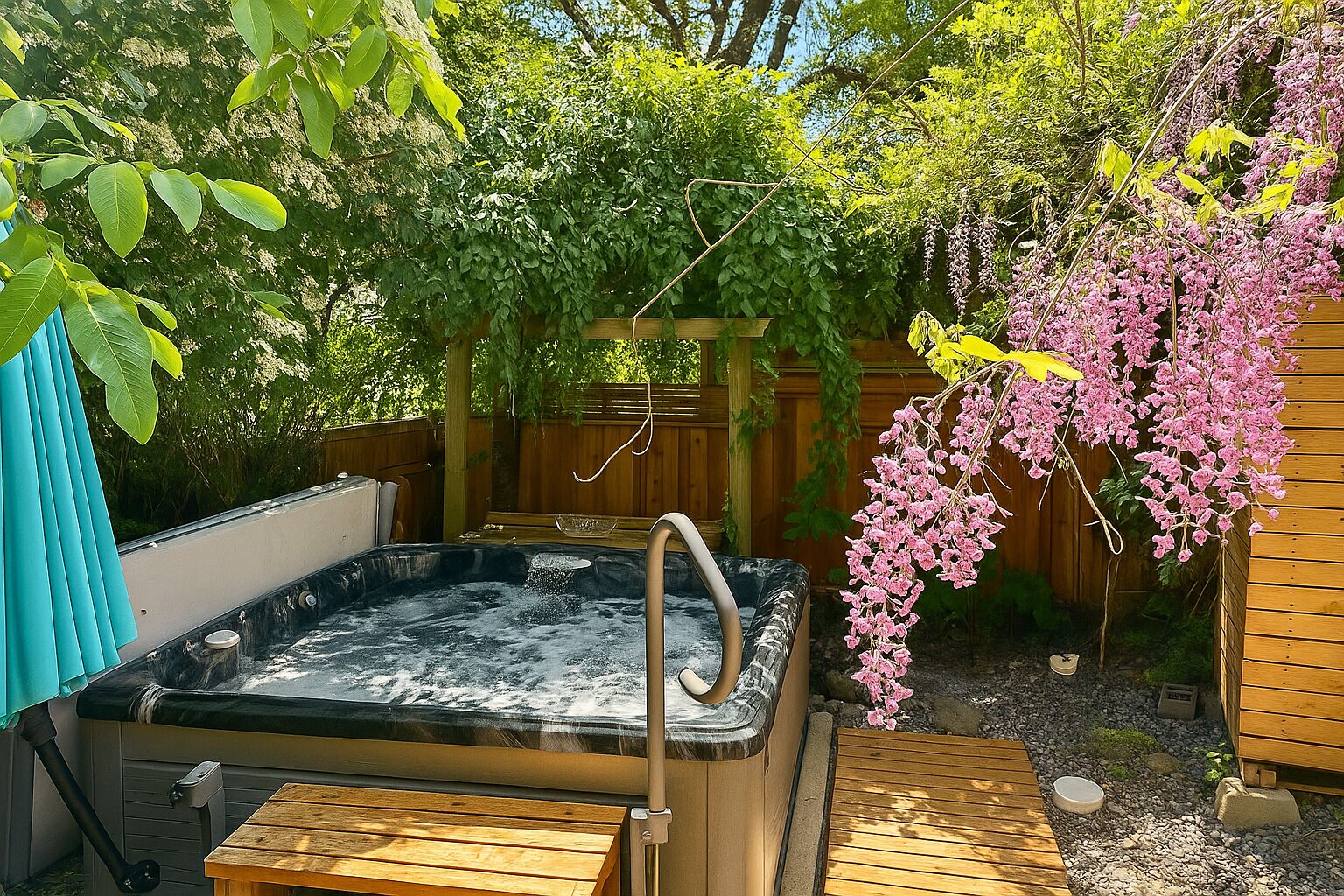 A hot tub in a garden with wooden decking, surrounded by lush greenery and flowering plants.