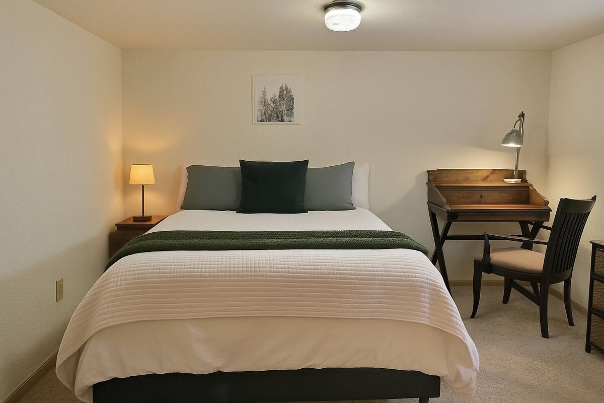 A neatly arranged hotel room with a bed, a desk, a chair, a lamp, and a picture on the wall.