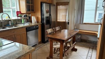 Fridge, microwave, toaster, cookware/dishes/utensils