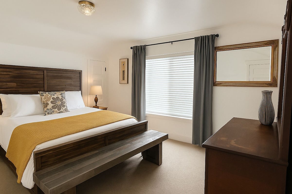 A hotel room with a large bed, a bench, a bedside table, a mirror, and a window with curtains.