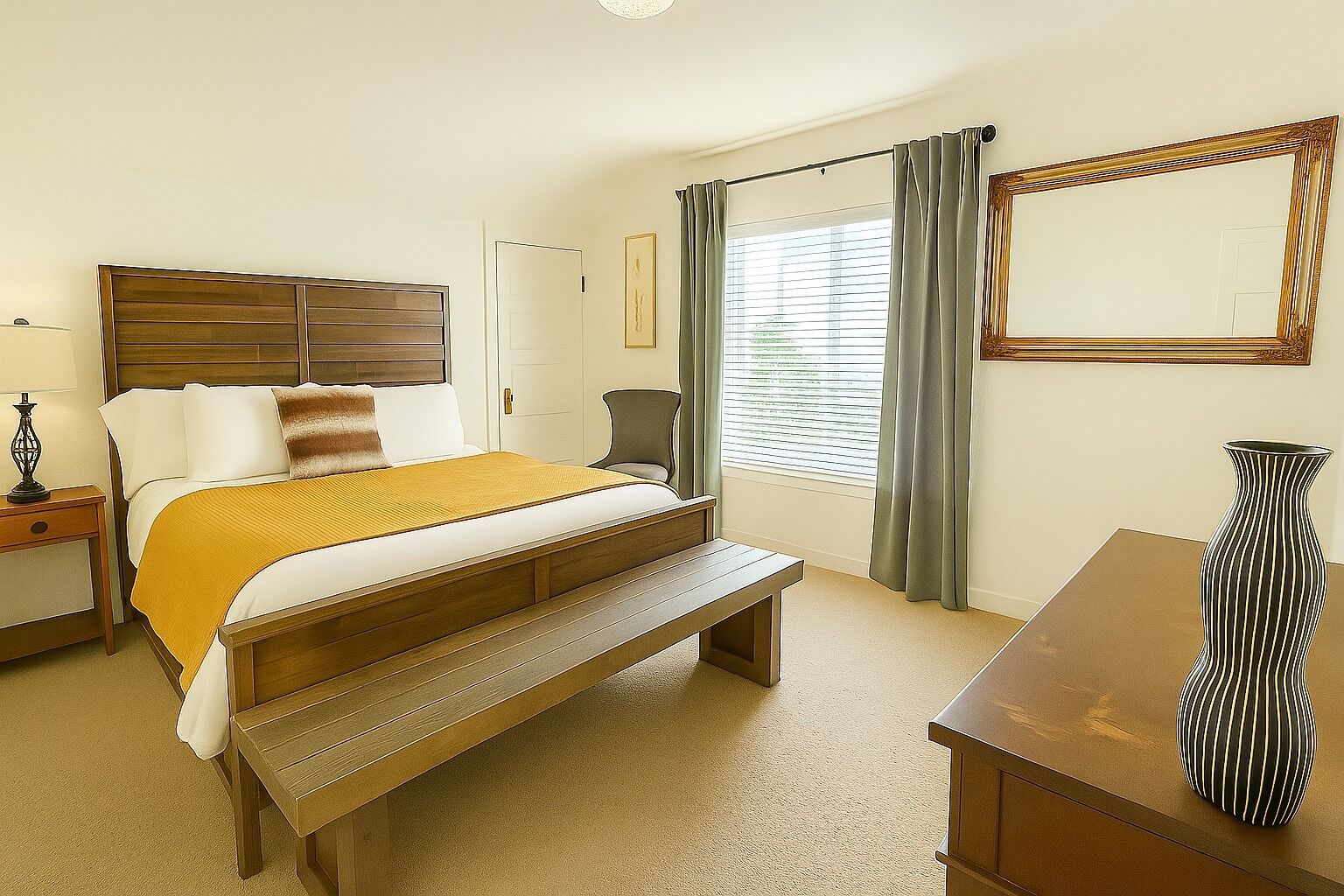 Habitación de hotel impecable con cama, mesita de noche, lámpara, banco y escritorio con un florero.