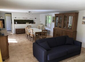 Televisio, takka, DVD-soitin, kirjoja