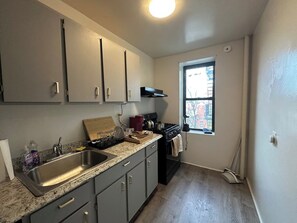 Fridge, microwave, oven, stovetop - Live like a local in Fort Greene with views of the World Trade Center. Spacious apartment with a large bedroom, sofa bed for two, full kitchen with gas stove, hardwood floors, and bright living/dining area. Elevator building with on-site laundry. (Brooklyn)