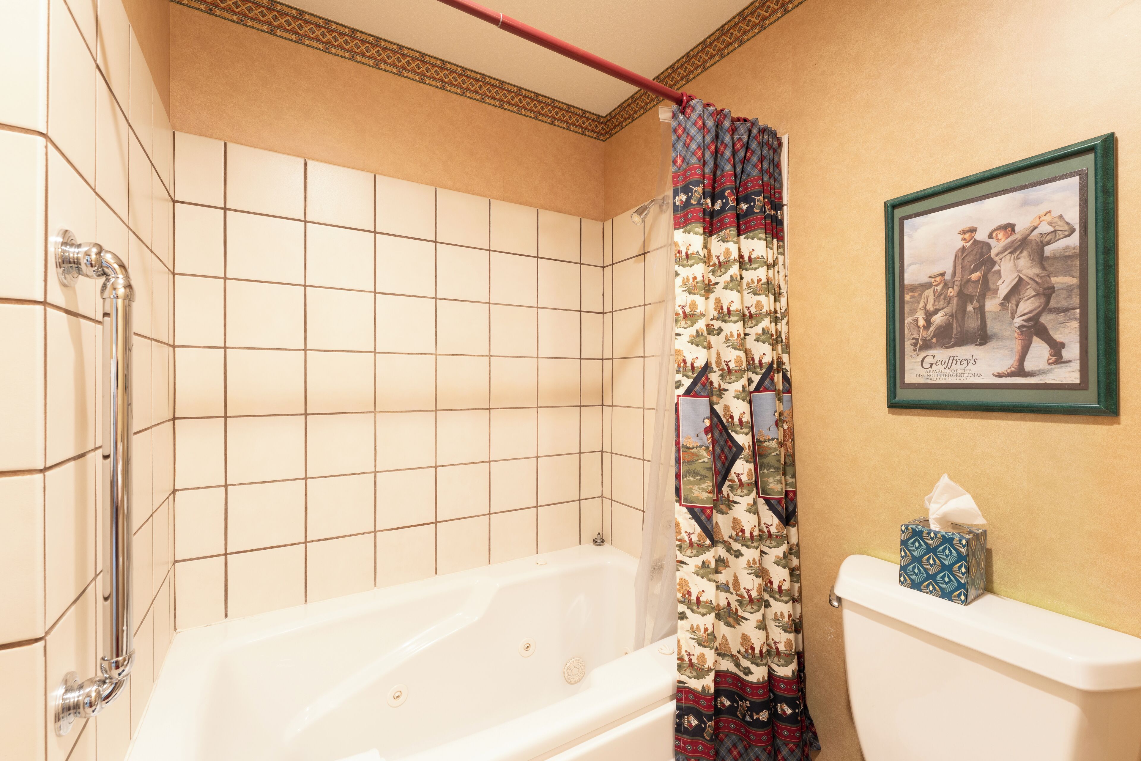 Un baño con bañera, cortina de ducha estampada y un cuadro en la pared.