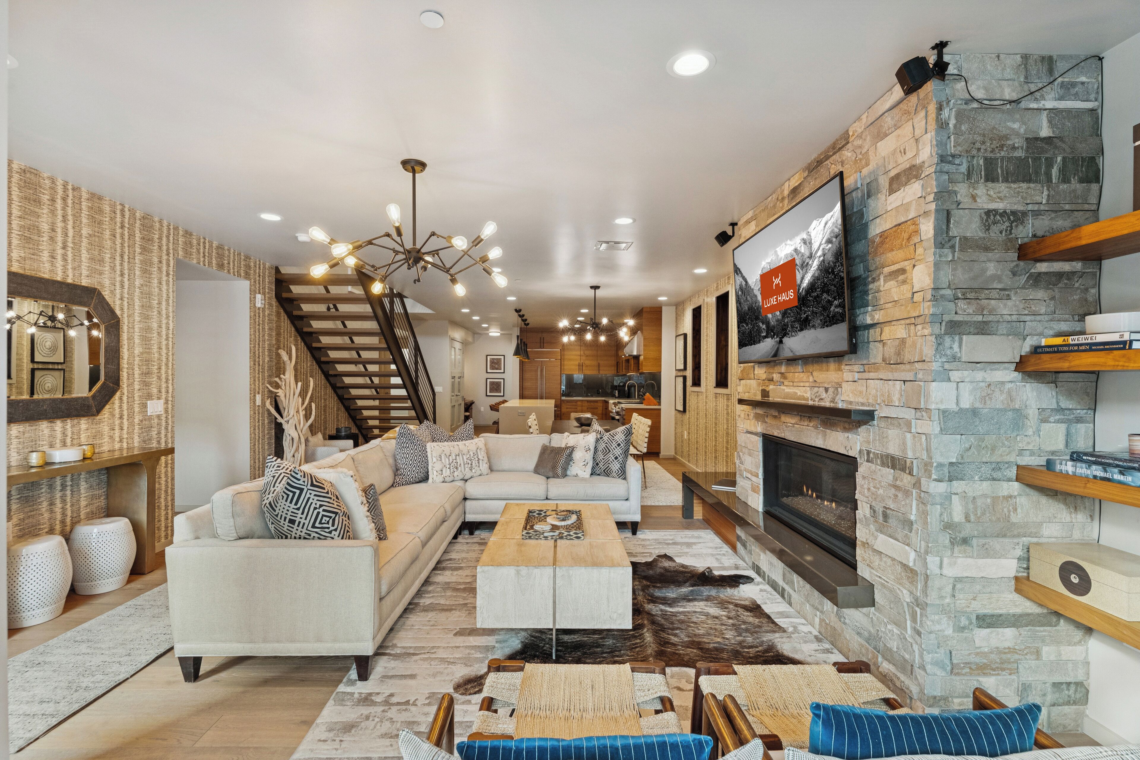 Smart TV, fireplace, books