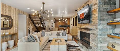 Smart TV, fireplace, books