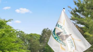 A golf flag with a logo, set against a backdrop of a golf course with trees and a clear sky.