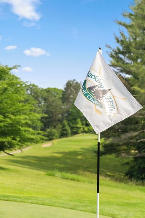 Een golfvlag met een logo, voor een golfbaan met bomen en een heldere lucht.