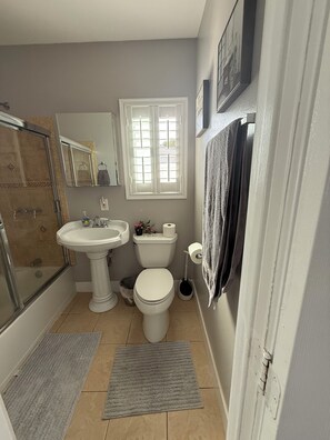 Hair dryer, towels, soap, shampoo