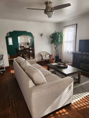 Smart TV, fireplace, books