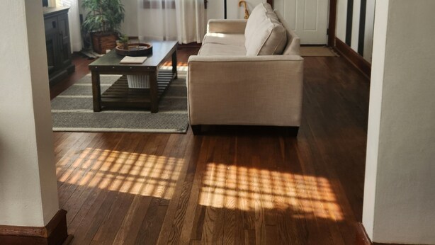 Sala de estar com sofá, mesa de centro, planta e ventilador de teto.