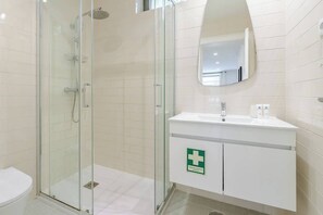 Ducha, secador de pelo, toallas y champú