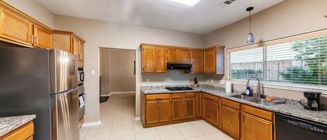 Fridge, microwave, coffee/tea maker, toaster