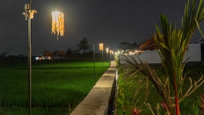A pathway lined with street lamps through a rice field at night. - Pondok di Uma Villa (Tegallalang)