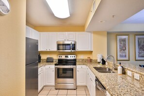 Fridge, stovetop, dishwasher, coffee/tea maker