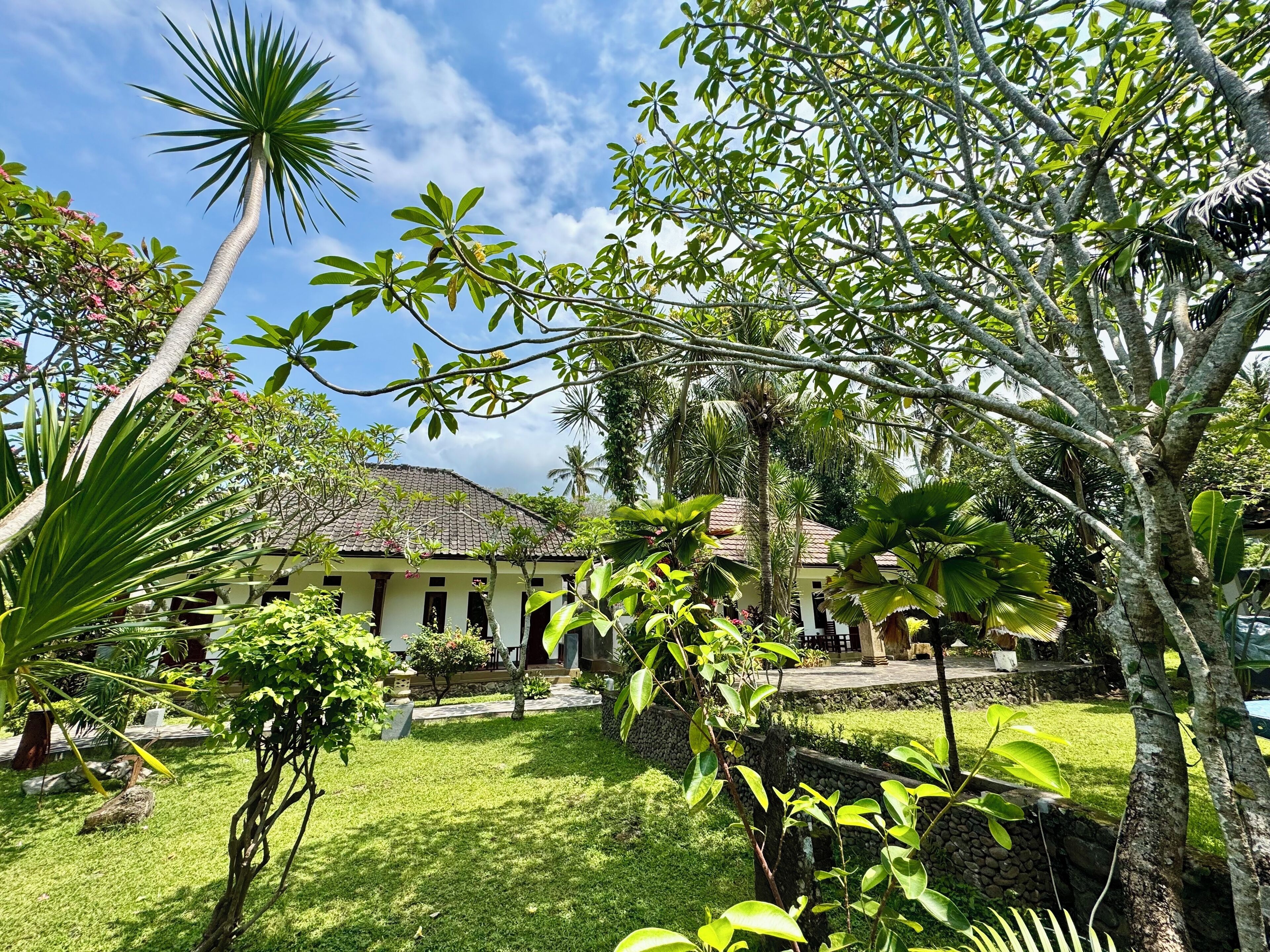 A tropical garden with a house featuring a tiled roof and a stone pathway.
