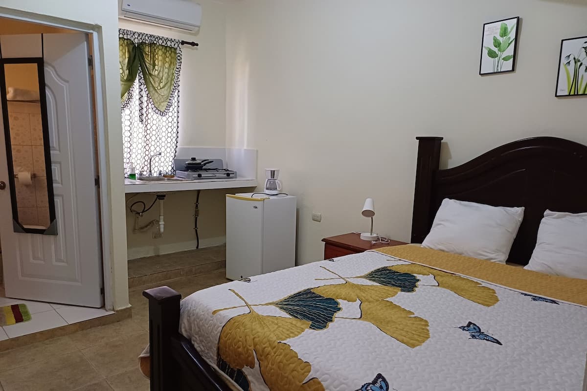 A bedroom with a bed, a nightstand, a desk with a computer, a window with curtains, and a wall-mounted air conditioner.