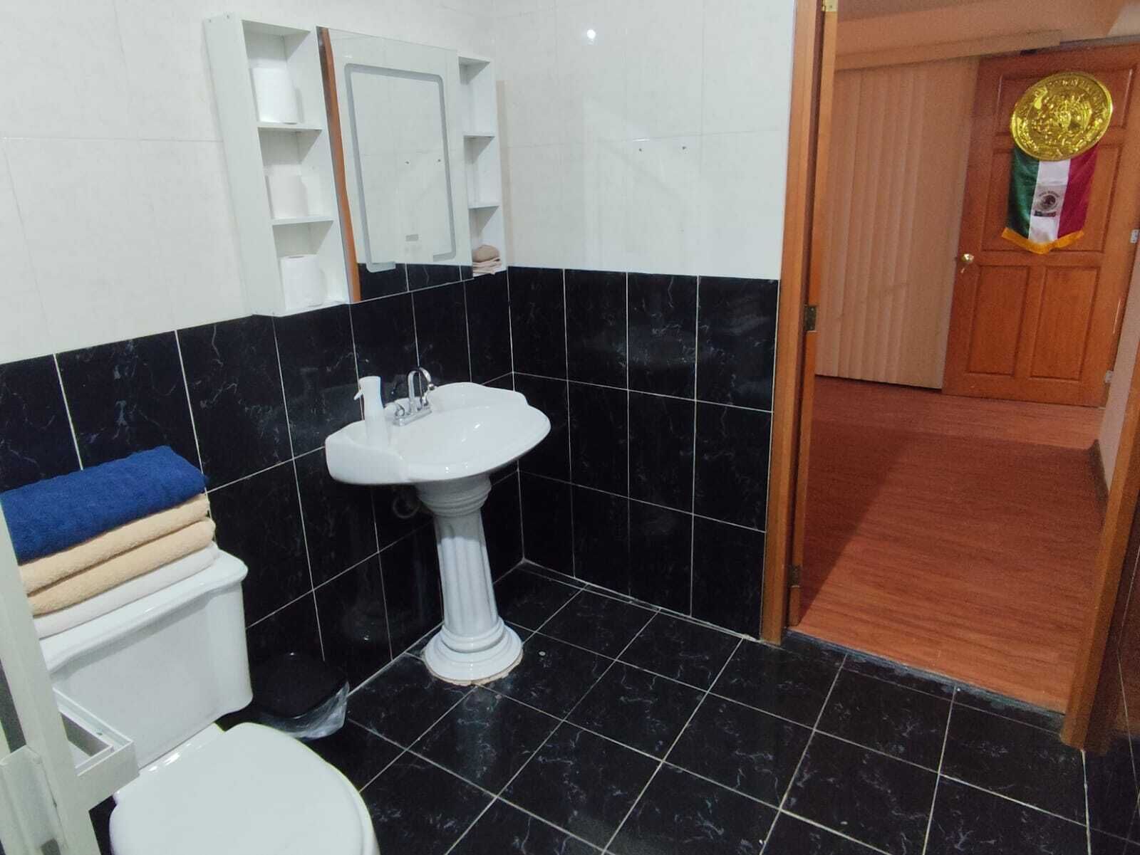 Hair dryer, towels, soap, toilet paper