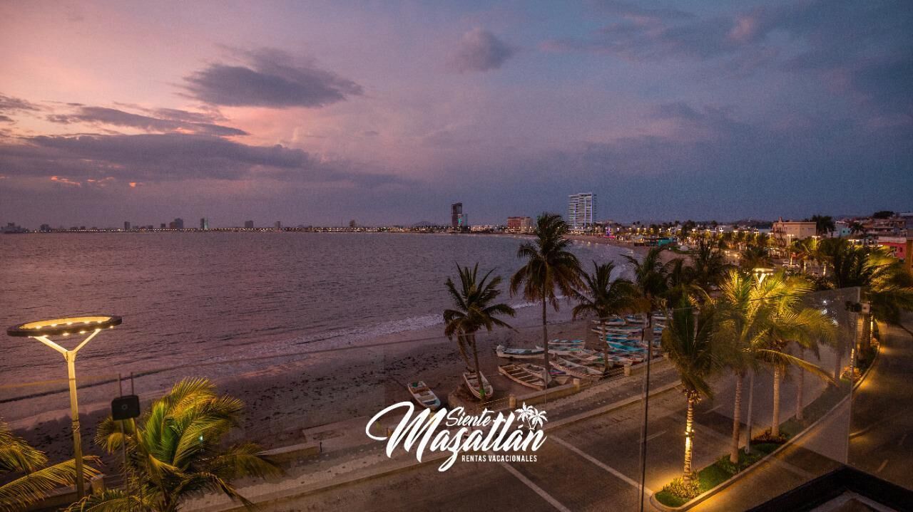 A beachfront view with palm trees, a road, and a city skyline in the background.