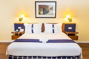 A hotel room with a large bed, two bedside tables, a framed picture on the wall, and two wall-mounted lamps.