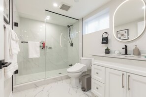 Shower, hair dryer, bidet, towels