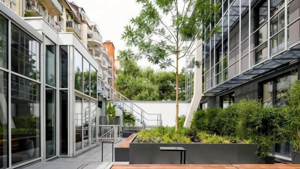 A modern outdoor seating area with a wooden bench, surrounded by greenery and adjacent to a building with large windows and a staircase.