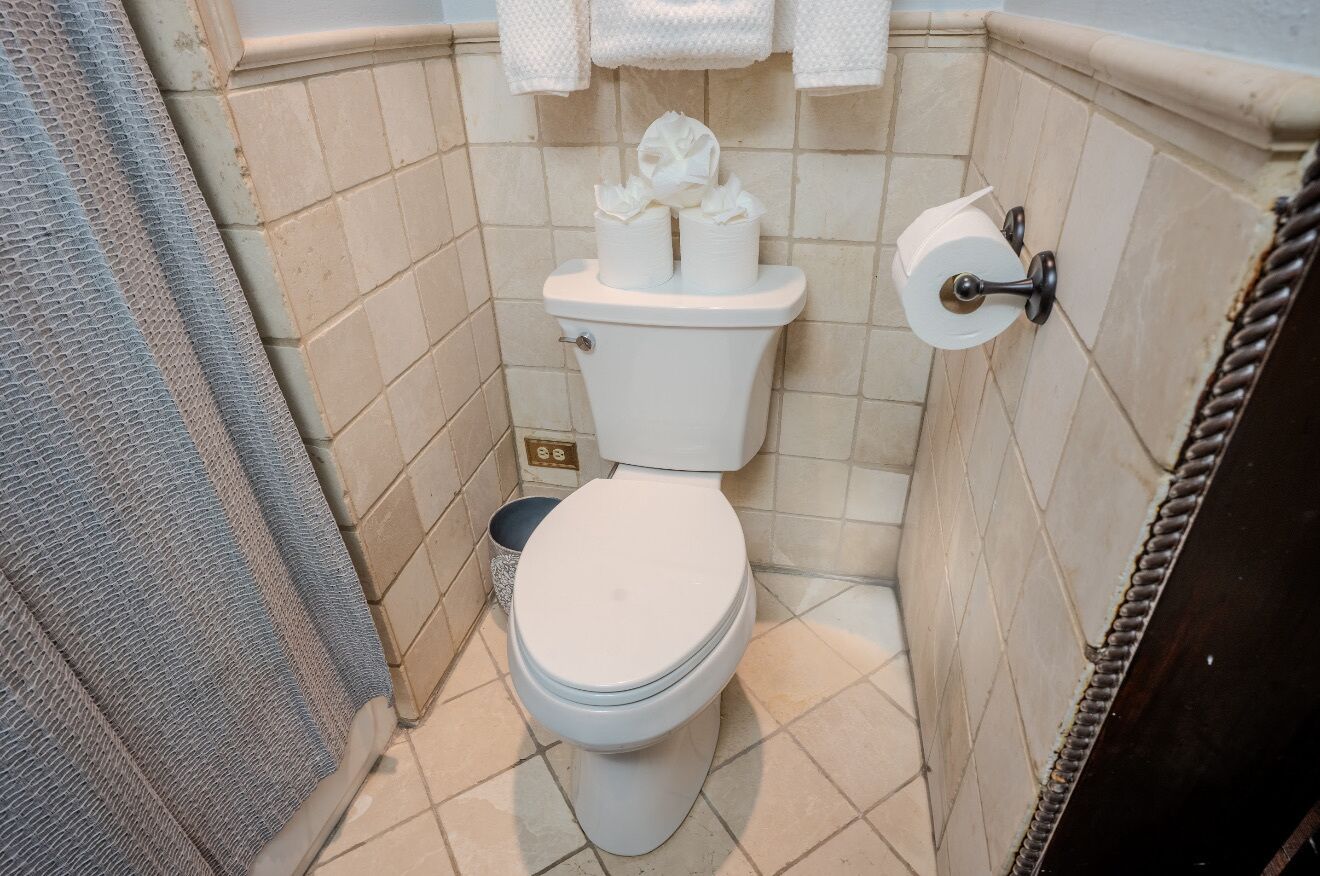 Un baño pequeño con inodoro, toallero y toallas, y dispensador de papel higiénico.