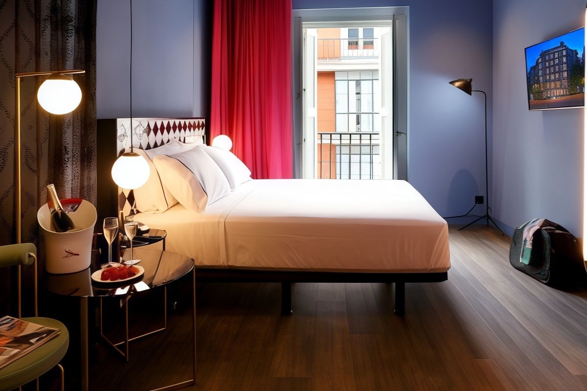 Ein Hotelzimmer mit Bett, Nachttisch, Lampe und Blick nach draußen.