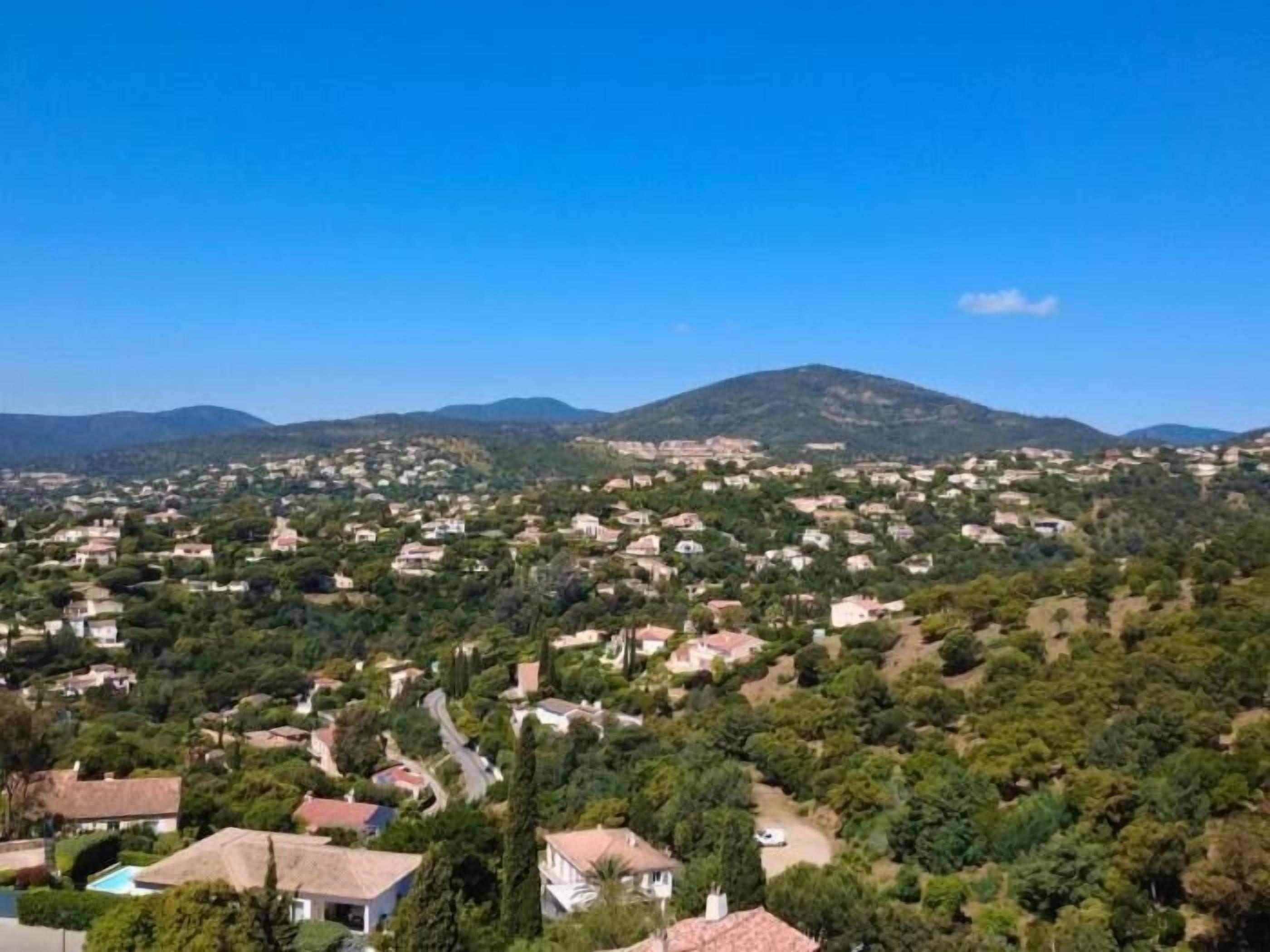 A residential area with houses, trees, and a mountain in the background.