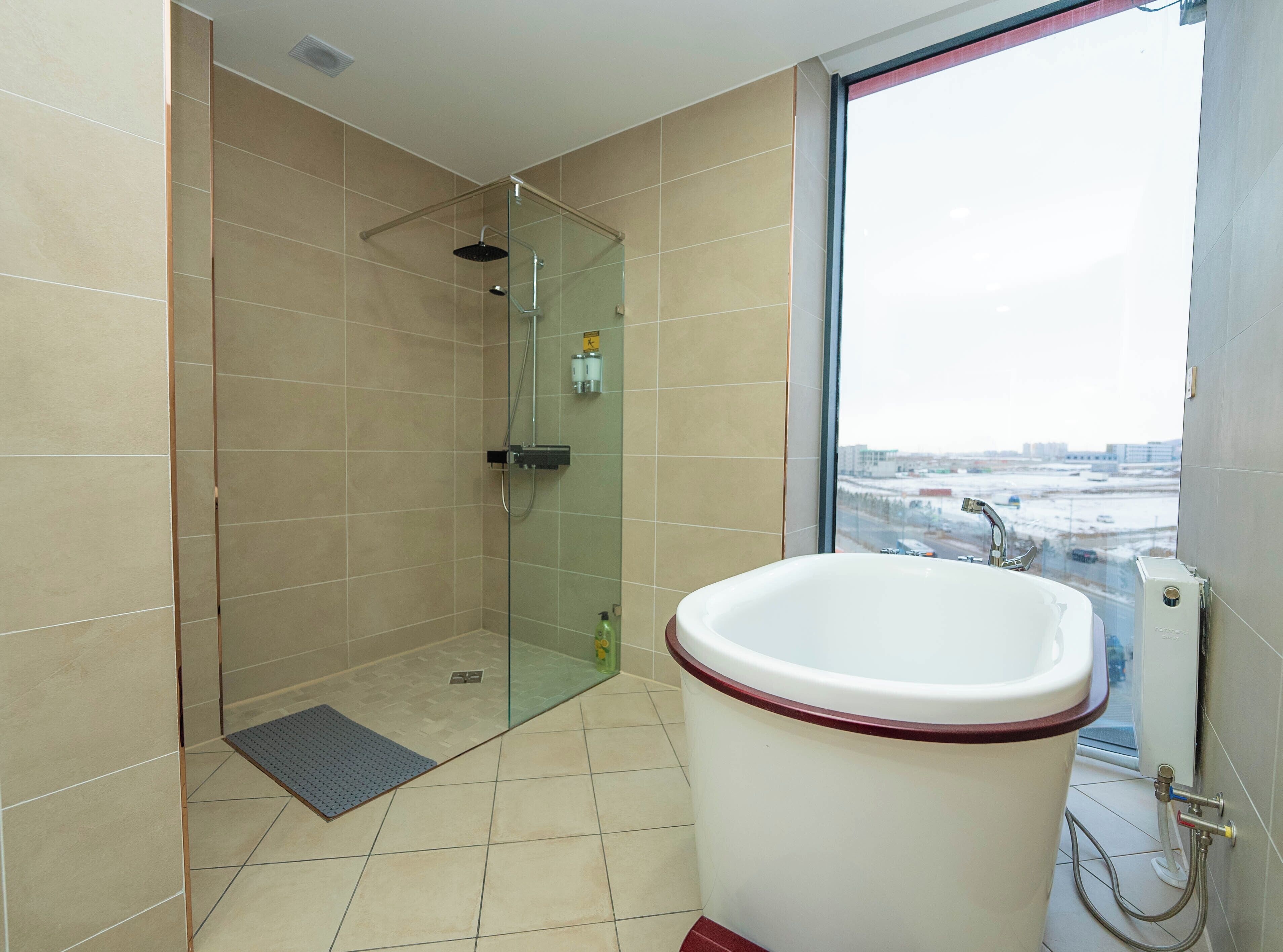 A modern bathroom with a glass-enclosed shower, a freestanding bathtub, and a view of a snowy landscape through a large window.