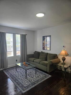 TV, fireplace, DVD player, books - 🛋️ Cozy Meets Contemporary Modern one bedroom with Fireplace & Smart TV – The Gratiot (Detroit)