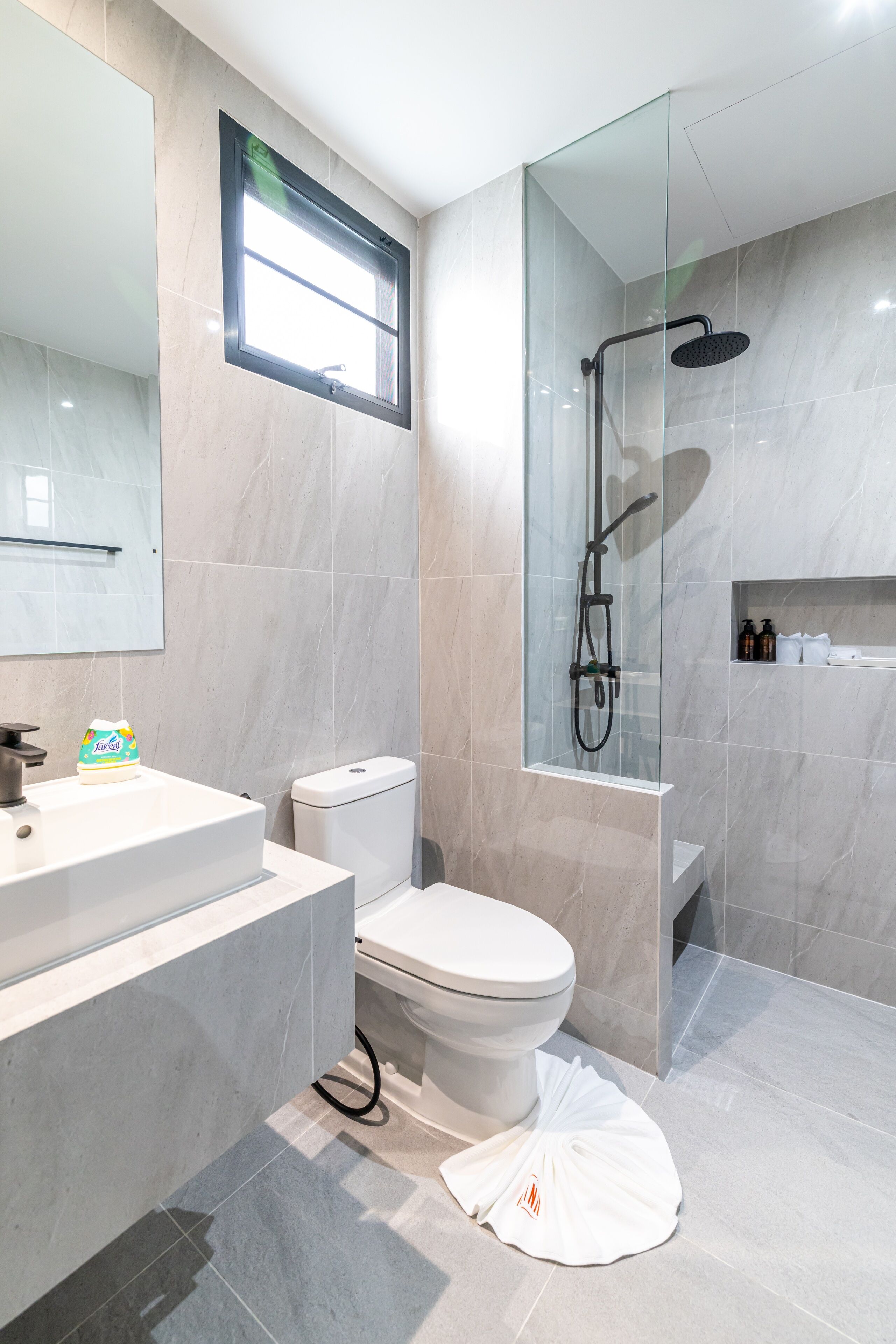 A modern bathroom with a glass-enclosed shower, a toilet, and a sink.