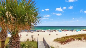 Ein Strand mit einer Holzstege zum Sand, Palmen und Strandliegen.