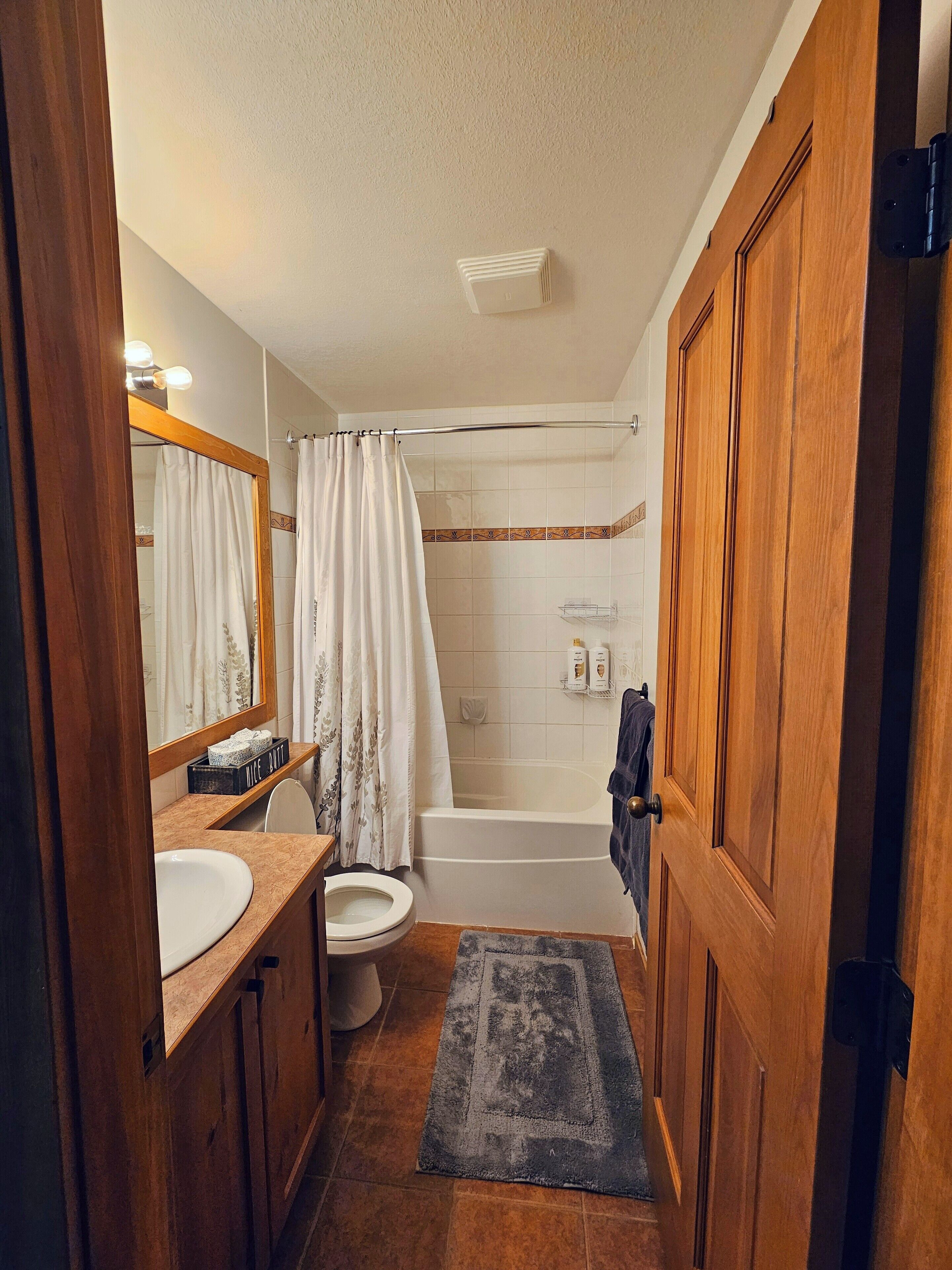 Hair dryer, towels, soap, toilet paper