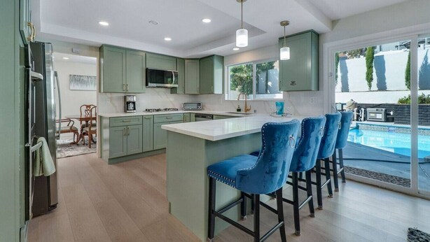 A modern kitchen with green cabinets, a central island with bar stools, a microwave, and a view of a swimming pool. - Hey! I Am Adriana On The Block | Pool | BBQ (Mission Viejo)