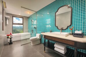 Premier Mountain View King Bed with Balcony | Bathroom | Designer toiletries, bathrobes, slippers, bidet