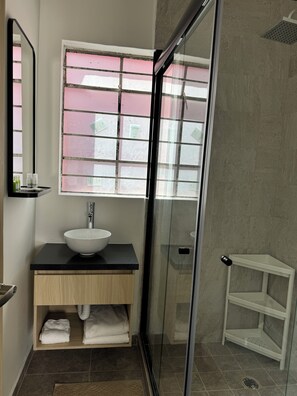 Shower, hair dryer, towels, soap