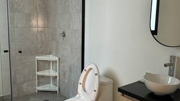 Shower, hair dryer, towels, soap