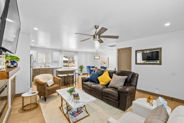 Smart TV, fireplace, books, printers